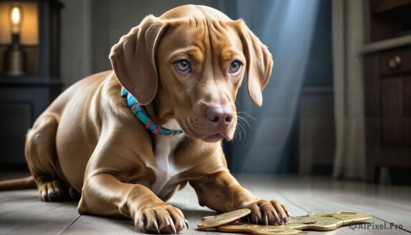 HQ,solo,blue eyes,brown eyes,closed mouth,indoors,blurry,collar,no humans,depth of field,blurry background,animal,dog,realistic,animal focus,animal collar,whiskers,holding,lamp