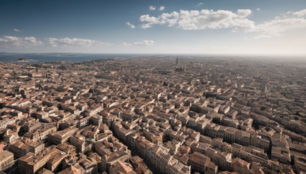 outdoors,sky,day,cloud,blue sky,no humans,ocean,from above,cloudy sky,building,scenery,city,horizon,cityscape,landscape,rooftop,water,dutch angle,beach