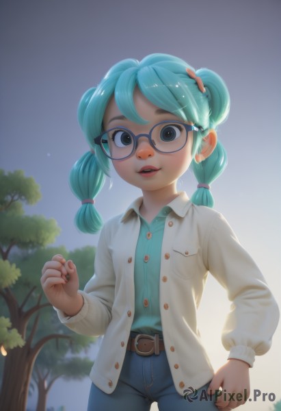 1girl,solo,long hair,looking at viewer,smile,open mouth,bangs,shirt,hair ornament,long sleeves,twintails,blue hair,jacket,braid,cowboy shot,outdoors,parted lips,open clothes,sky,glasses,teeth,collared shirt,belt,pants,artist name,black eyes,tree,lips,dress shirt,aqua hair,buttons,blue shirt,denim,clenched hand,child,jeans,belt buckle,hair tie,round eyewear,green shirt,unbuttoned,blue pants,female child,shirt tucked in,brown belt,aqua shirt,blue eyes,green hair,nail polish,twin braids,cardigan,blue-framed eyewear