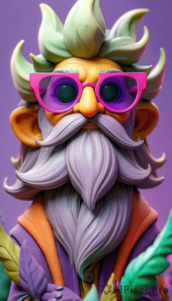 solo,looking at viewer,simple background,gloves,long sleeves,1boy,holding,green eyes,jacket,upper body,white hair,grey hair,male focus,open clothes,artist name,blurry,open jacket,facial hair,leaf,sunglasses,beard,purple background,mustache,purple jacket,tinted eyewear,old,old man,long hair,smile,bangs,shirt,jewelry,glasses,medium hair,vest,gradient,gradient background,watermark,ring,feathers,facing viewer,web address,brown jacket,round eyewear