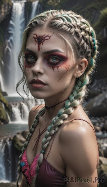 1girl,solo,long hair,breasts,looking at viewer,blue eyes,blonde hair,cleavage,bare shoulders,jewelry,closed mouth,green eyes,upper body,braid,multicolored hair,earrings,small breasts,outdoors,green hair,choker,water,blurry,twin braids,from side,two-tone hair,lips,eyelashes,aqua hair,makeup,blurry background,facial mark,piercing,lipstick,hair over shoulder,eyeshadow,freckles,realistic,nose,red lips,facepaint,waterfall,mascara,swimsuit,parted lips,teeth,artist name,necklace,flat chest