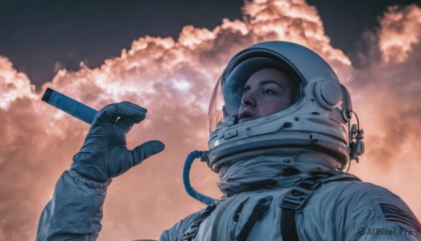 solo,gloves,1boy,upper body,male focus,sky,cloud,helmet,cloudy sky,star (sky),1other,science fiction,realistic,spacesuit,space helmet,astronaut,1girl,hand up,looking afar,american flag