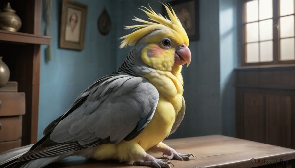 HQ,solo,blush,brown eyes,sitting,full body,wings,day,indoors,blurry,pokemon (creature),no humans,window,bird,animal,table,feathers,realistic,animal focus,talons,beak,looking away,sunlight