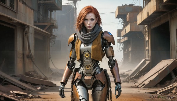 HQ,1girl,solo,looking at viewer,short hair,blue eyes,brown hair,standing,cowboy shot,outdoors,medium hair,scarf,orange hair,armor,vest,lips,scar,building,science fiction,realistic,android,joints,cable,mechanical arms,ruins,cyborg,single mechanical arm,robot joints,red hair,glowing,robot,freckles,serious,dirty,broken,damaged,prosthesis,debris,cyberpunk,scratches,dirty face,dust,post-apocalypse