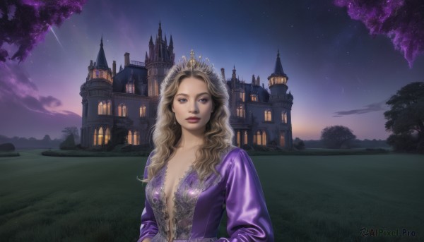 1girl,solo,long hair,breasts,looking at viewer,blonde hair,brown hair,dress,cleavage,medium breasts,purple eyes,upper body,outdoors,sky,cloud,tree,lips,night,grass,tiara,crown,star (sky),night sky,purple dress,starry sky,center opening,castle,shooting star,princess,plunging neckline,purple sky,makeup,wavy hair,scenery,curly hair,fantasy