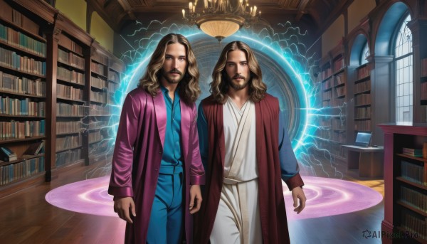 long hair,looking at viewer,brown hair,brown eyes,standing,male focus,multiple boys,indoors,2boys,book,window,facial hair,siblings,table,beard,dual persona,curly hair,robe,mustache,blue pants,bookshelf,electricity,magic,magic circle,animification,brothers,lightning,library,white robe,1girl,blonde hair,1boy,pants,lips,coat,twins,realistic,fantasy