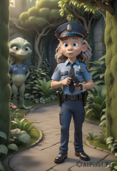 1girl,long hair,looking at viewer,smile,blue eyes,blonde hair,shirt,1boy,hat,holding,closed mouth,standing,full body,weapon,flower,short sleeves,outdoors,necktie,shoes,collared shirt,belt,pants,black footwear,holding weapon,uniform,tree,gun,arms behind back,blue shirt,plant,child,holding gun,handgun,blue necktie,blue pants,frog,police,police uniform,policewoman,police hat,solo,grey hair,male focus,day,medium hair,brown footwear,blue headwear,creature,holster