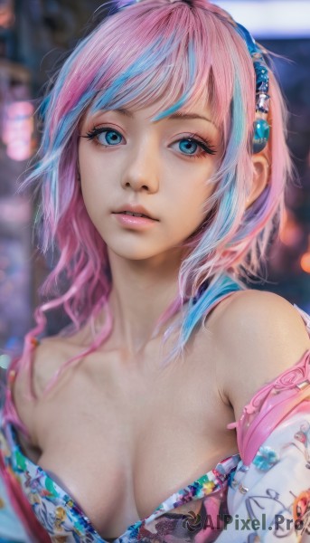 1girl,solo,long hair,breasts,looking at viewer,bangs,blue eyes,cleavage,bare shoulders,medium breasts,underwear,blue hair,collarbone,upper body,pink hair,multicolored hair,hairband,small breasts,parted lips,off shoulder,bra,blurry,two-tone hair,lips,eyelashes,makeup,depth of field,blurry background,realistic,nose,japanese clothes,pink lips