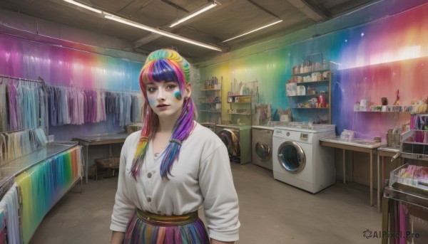 1girl,solo,long hair,looking at viewer,smile,bangs,skirt,shirt,twintails,brown eyes,jewelry,closed mouth,blue hair,standing,white shirt,upper body,pink hair,purple hair,multicolored hair,earrings,indoors,blunt bangs,necklace,two-tone hair,lips,streaked hair,makeup,buttons,hair over shoulder,multicolored clothes,sleeves rolled up,purple skirt,realistic,shelf,colorful,multicolored skirt,rainbow order,rainbow gradient,rainbow hair,multicolored stripes,blue eyes,blonde hair,long sleeves,pleated skirt,parted lips,green hair,collared shirt,belt,piercing,bottle,lipstick,pink lips,nose,arms at sides,red lips,counter,washing machine