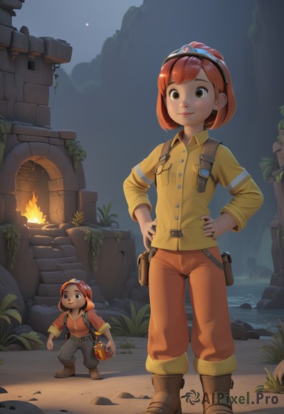 1girl,smile,short hair,bangs,brown hair,shirt,long sleeves,brown eyes,closed mouth,standing,jacket,full body,weapon,red hair,boots,outdoors,sky,collared shirt,pants,water,bag,orange hair,night,brown footwear,backpack,grass,fire,plant,goggles,child,night sky,hands on hips,pouch,yellow shirt,rock,holster,looking at viewer,1boy,holding,lips,moon,tiara