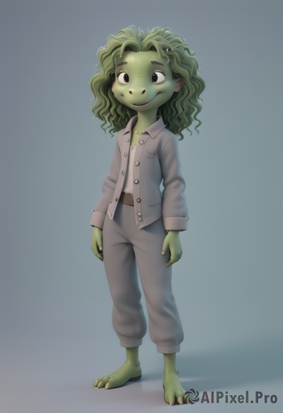 1girl,solo,long hair,looking at viewer,smile,simple background,shirt,standing,full body,green hair,barefoot,pants,grey background,black eyes,buttons,shadow,colored skin,child,furry,pajamas,arms at sides,female child,green skin,long sleeves,navel,jacket,open clothes,belt,wavy hair,grey pants