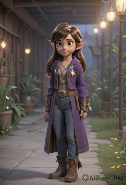 1girl,solo,long hair,looking at viewer,brown hair,shirt,hair ornament,gloves,long sleeves,brown eyes,jewelry,standing,collarbone,jacket,full body,earrings,boots,outdoors,parted lips,open clothes,pointy ears,belt,pants,fingerless gloves,necklace,blurry,lips,coat,depth of field,blurry background,brown footwear,plant,denim,elf,grey shirt,buckle,brown gloves,pendant,cross-laced footwear,walking,open coat,jeans,lantern,belt buckle,arms at sides,potted plant,road,lamp,lamppost,long coat,smile,braid,flat chest,book,grass,single glove,ankle boots,brown belt,leather