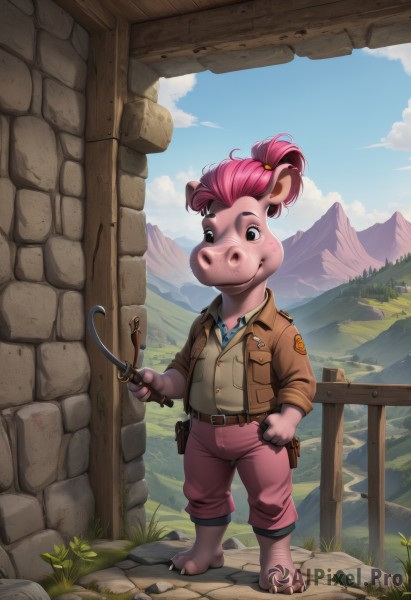 solo,looking at viewer,smile,short hair,shirt,hair ornament,1boy,holding,animal ears,brown eyes,closed mouth,standing,jacket,full body,ponytail,pink hair,male focus,outdoors,sky,barefoot,day,collared shirt,belt,pants,artist name,cloud,black eyes,vest,open jacket,tree,blue sky,grass,child,furry,sleeves rolled up,pocket,brown jacket,mountain,fence,furry female,breast pocket,furry male,male child,brown pants,brown vest,mountainous horizon,wooden fence,pig ears,gloves,green eyes,tail,necktie,teeth,leaf,watermark,freckles,rock,pink skin,wrench