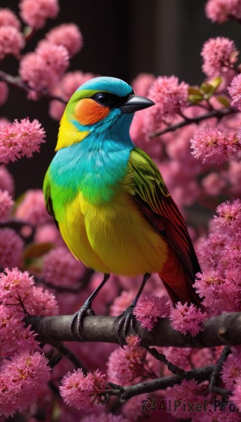 flower,outdoors,blurry,black eyes,tree,no humans,depth of field,blurry background,bird,animal,cherry blossoms,realistic,branch,animal focus,beak,parrot,solo,closed mouth,full body,artist name,petals,watermark,feathers,black background,pink flower