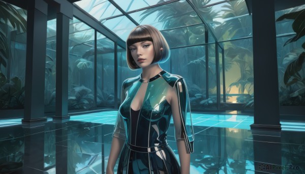 1girl,solo,breasts,looking at viewer,short hair,bangs,brown hair,black hair,dress,cleavage,brown eyes,jewelry,medium breasts,closed mouth,standing,collarbone,upper body,short sleeves,earrings,indoors,blunt bangs,water,black dress,lips,see-through,makeup,leaf,bob cut,plant,lipstick,reflection,fish,nose,arms at sides,red lips,pool,aquarium,parted lips,open clothes,black eyes,looking to the side,window,bodysuit,skin tight,science fiction,shiny clothes