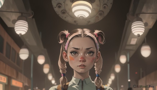 1girl,solo,long hair,looking at viewer,brown hair,shirt,twintails,brown eyes,jewelry,white shirt,braid,earrings,parted lips,teeth,collared shirt,indoors,blurry,twin braids,lips,night,blurry background,looking up,portrait,forehead,lantern,hair tie,double bun,blood,makeup,freckles,blood on face,nose,hair behind ear,facepaint