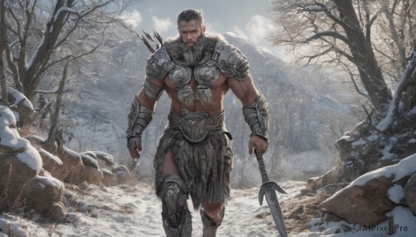 solo,looking at viewer,short hair,black hair,1boy,holding,nipples,weapon,male focus,outdoors,sword,holding weapon,armor,tree,muscular,feet out of frame,facial hair,scar,holding sword,abs,dark-skinned male,pectorals,muscular male,shoulder armor,gauntlets,nature,bara,beard,scar on face,snow,forest,large pectorals,walking,pauldrons,topless male,rock,snowing,mountain,mature male,mustache,manly,greaves,bare pectorals,winter,planted,loincloth,bare tree,snowman,leg armor,sky,cloud,signature,cloudy sky,polearm,spear,realistic,arrow (projectile),vambraces,bracer,holding polearm