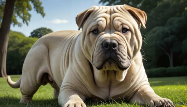 HQ,solo,looking at viewer,full body,outdoors,sky,day,cloud,blurry,black eyes,tree,blue sky,no humans,blurry background,animal,grass,nature,dog,realistic,animal focus,brown eyes,signature