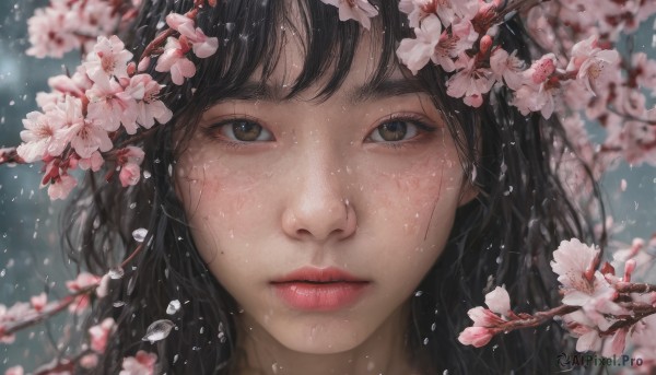 1girl, solo, long hair, looking at viewer, bangs, black hair, brown eyes, flower, parted lips, blurry, lips, petals, depth of field, cherry blossoms, portrait, close-up, rain, water drop, realistic, nose, branch