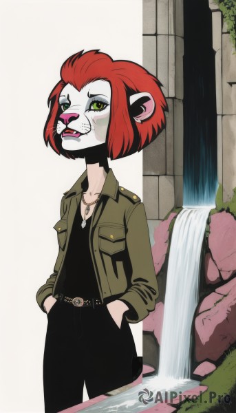 1girl,solo,short hair,shirt,animal ears,jewelry,green eyes,standing,jacket,red hair,open clothes,belt,pants,water,necklace,open jacket,black shirt,makeup,black pants,furry,freckles,hands in pockets,furry female,waterfall,snout,breasts,looking at viewer,long sleeves,collarbone,tail,cowboy shot,small breasts,outdoors,teeth,uniform,lips,military,eyelashes,military uniform,genderswap,genderswap (mtf),pocket,green jacket,body fur,white fur,animal nose