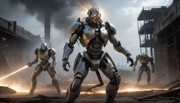 HQ,holding,standing,weapon,outdoors,multiple boys,sky,sword,cloud,holding weapon,armor,orange eyes,military,no humans,glowing,holding sword,cloudy sky,fire,robot,building,mecha,glowing eyes,smoke,science fiction,city,realistic,military vehicle,electricity,cable,ruins,power lines,damaged,lightning,energy sword,embers,sparks,arm blade,red eyes,battle,kaijuu