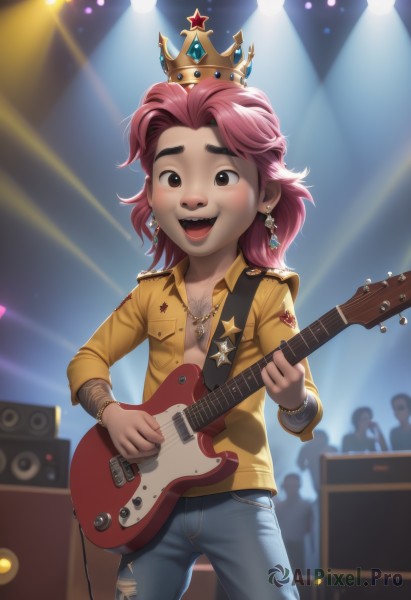 1girl,solo,breasts,looking at viewer,blush,smile,open mouth,shirt,long sleeves,holding,brown eyes,jewelry,standing,pink hair,:d,cowboy shot,earrings,open clothes,teeth,solo focus,collared shirt,pants,medium hair,necklace,star (symbol),bracelet,torn clothes,open shirt,no bra,blurry background,crown,denim,instrument,yellow shirt,jeans,music,unbuttoned,guitar,playing instrument,holding instrument,electric guitar,crowd,torn pants,stage,speaker,spotlight,stage lights,plectrum,torn jeans,concert,amplifier,1boy,jacket,male focus,thick eyebrows,gem,freckles,pocket,singing,badge