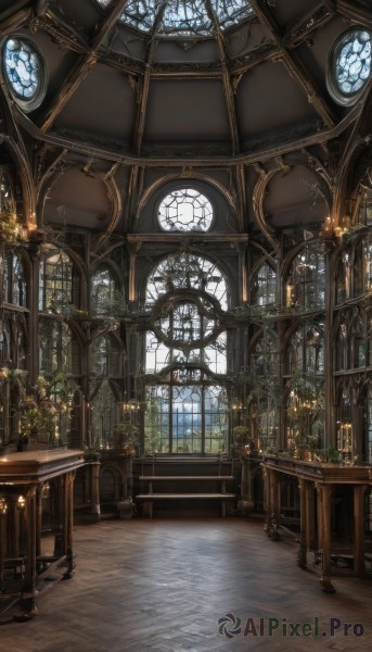 day,indoors,tree,no humans,window,chair,table,sunlight,plant,scenery,light rays,wooden floor,stairs,candle,architecture,pillar,stained glass,church,arch,candlestand,chandelier,fire,fantasy,clock,bookshelf,potted plant,vase