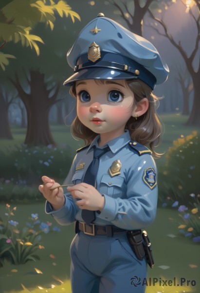 1girl,solo,long hair,looking at viewer,blush,blue eyes,brown hair,shirt,long sleeves,hat,holding,jewelry,standing,flower,cowboy shot,earrings,outdoors,parted lips,necktie,day,collared shirt,belt,pants,medium hair,uniform,tree,lips,grass,blue shirt,child,nature,peaked cap,black necktie,blue headwear,forest,pocket,black belt,pouch,blue necktie,blue pants,holding flower,female child,stud earrings,belt pouch,police,police uniform,policewoman,police hat,weapon,gun,nose,holster,badge,walkie-talkie