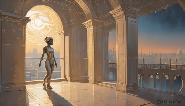 1girl,solo,breasts,short hair,black hair,medium breasts,standing,full body,sky,indoors,hair bun,window,bodysuit,night,shadow,colored skin,building,star (sky),scenery,starry sky,reflection,science fiction,sunset,city,android,cityscape,wide shot,pillar,robot joints,dress,dark skin,high heels,dark-skinned female,single hair bun,pelvic curtain,joints,mechanical arms,cyborg,alien,black skin,reflective floor