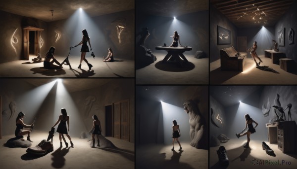 1girl,long hair,multiple girls,skirt,black hair,dress,holding,comic,indoors,black dress,shadow,6+girls,instrument,ghost,music,guitar,silhouette,silent comic,light,dancing,playing instrument,statue,violin,drum,stage,speaker,piano,spotlight,stage lights,concert,1boy,2girls,weapon,sword,hood,parody