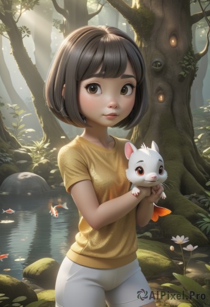 1girl,solo,looking at viewer,short hair,bangs,brown hair,shirt,black hair,holding,brown eyes,closed mouth,standing,flower,short sleeves,cowboy shot,small breasts,outdoors,shorts,day,artist name,water,tree,lips,short shorts,animal,watermark,sunlight,bob cut,thick eyebrows,t-shirt,child,nature,forest,freckles,fish,yellow shirt,white shorts,realistic,nose,female child,creature,holding animal,river,lily pad,pond,foliage,blush,rock,koi