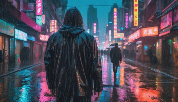 black hair, jacket, outdoors, multiple boys, from behind, night, building, scenery, reflection, walking, rain, city, sign, facing away, road, street, puddle, neon lights