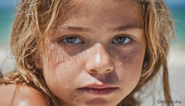 1girl, solo, long hair, looking at viewer, blonde hair, brown eyes, closed mouth, day, blurry, lips, depth of field, blurry background, beach, portrait, close-up, freckles, realistic, nose