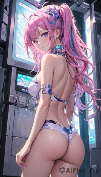 1girl,solo,long hair,breasts,looking at viewer,blush,bangs,blue eyes,hair ornament,bare shoulders,twintails,medium breasts,closed mouth,blue hair,standing,swimsuit,pink hair,ass,ahoge,sidelocks,bikini,thighs,multicolored hair,cowboy shot,looking back,indoors,from behind,nail polish,collar,two-tone hair,two side up,streaked hair,bare arms,back,white bikini,arm strap,median furrow,purple eyes,ponytail,flower,star (symbol),halterneck,wavy hair,hair intakes,armlet,curly hair,star hair ornament,butterfly hair ornament