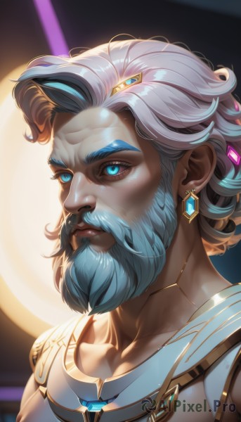 solo,short hair,bangs,blue eyes,hair ornament,1boy,jewelry,closed mouth,blue hair,collarbone,upper body,grey hair,male focus,multicolored hair,earrings,shiny,artist name,medium hair,shiny hair,two-tone hair,glowing,facial hair,gem,portrait,glowing eyes,beard,mustache,white hair,dark skin,dark-skinned male