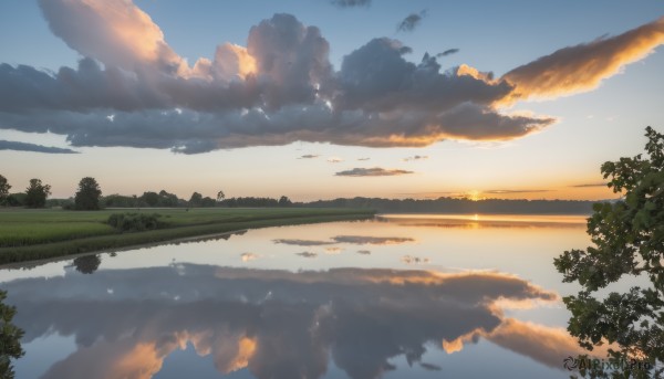 outdoors,sky,cloud,water,tree,blue sky,no humans,bird,sunlight,cloudy sky,grass,nature,scenery,forest,reflection,sunset,sun,horizon,landscape,lake,reflective water,day