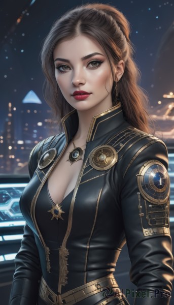 1girl,solo,long hair,breasts,looking at viewer,brown hair,cleavage,brown eyes,jewelry,medium breasts,jacket,upper body,ponytail,earrings,sky,belt,necklace,blurry,lips,bodysuit,makeup,night,blurry background,lipstick,night sky,zipper,realistic,black bodysuit,red lips,forehead,freckles,emblem