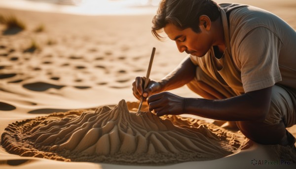 solo,short hair,shirt,black hair,1boy,holding,closed mouth,closed eyes,white shirt,short sleeves,male focus,outdoors,barefoot,pants,dark skin,water,blurry,from side,profile,depth of field,blurry background,beach,squatting,dark-skinned male,t-shirt,rock,realistic,sand,drawing,stick,sand sculpture,sitting,shorts,facial hair,paintbrush,photo background,writing,arm hair,fine art parody,painting (action)