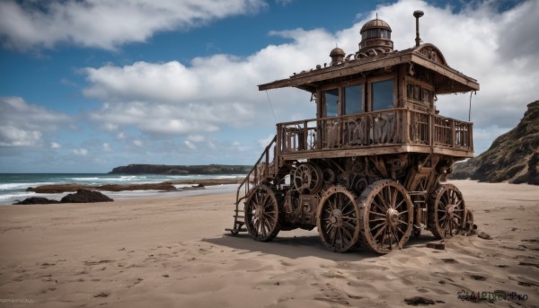 outdoors,sky,day,artist name,cloud,water,blue sky,no humans,ocean,watermark,beach,cloudy sky,ground vehicle,scenery,motor vehicle,sand,vehicle focus,desert,wheel,shadow,rock,horizon,shore