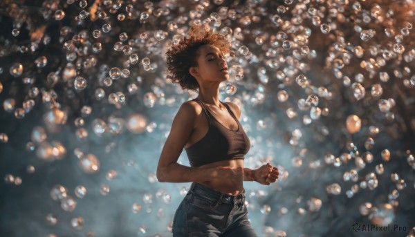 1girl, solo, breasts, short hair, brown hair, cleavage, medium breasts, closed eyes, midriff, pants, dark skin, dark-skinned female, denim, bubble, jeans, sports bra, underwater, air bubble