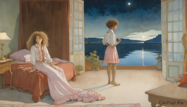 long hair,smile,short hair,multiple girls,skirt,brown hair,shirt,long sleeves,hat,dress,holding,2girls,jewelry,sitting,standing,white shirt,flower,sky,barefoot,cloud,indoors,dark skin,water,looking at another,dark-skinned female,cup,pillow,window,bed,night,shadow,ocean,on bed,chair,moon,table,plant,curtains,star (sky),pink dress,night sky,scenery,full moon,plate,pink skirt,starry sky,straw hat,horizon,potted plant,lamp,bedroom,cushion,nightgown,vase,balcony,chest of drawers,brown eyes,frills,necktie,neckerchief,blouse,red flower,long skirt,flower pot