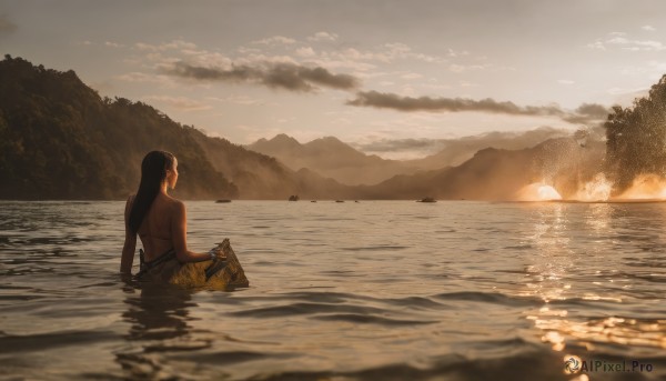 1girl,solo,long hair,black hair,holding,sitting,very long hair,swimsuit,bikini,outdoors,sky,cloud,water,from behind,tree,ocean,back,topless,sunlight,cloudy sky,nature,scenery,wading,partially submerged,reflection,sunset,mountain,sun,facing away,sarong,river,evening,lake,bare shoulders,wet,topless male,boat