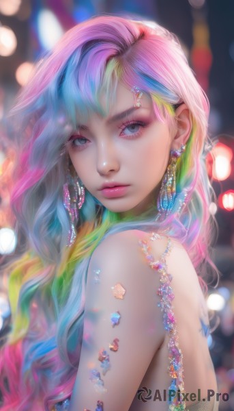 1girl,solo,long hair,looking at viewer,bangs,blue eyes,dress,bare shoulders,jewelry,closed mouth,blue hair,upper body,pink hair,multicolored hair,earrings,green hair,artist name,blurry,from side,two-tone hair,lips,looking to the side,grey eyes,eyelashes,strapless,tattoo,gradient hair,makeup,depth of field,blurry background,lipstick,gem,web address,eyeshadow,pink lips,realistic,nose,eyeliner,bokeh,colorful,mascara,rainbow hair,breasts,blonde hair,watermark,wavy hair,pearl (gemstone)