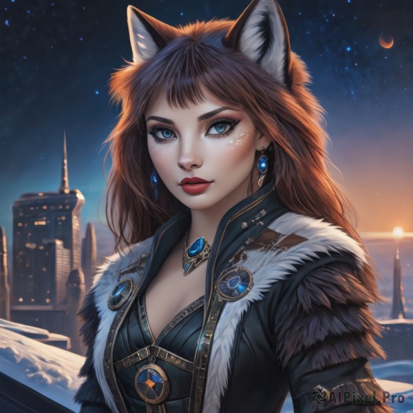 1girl,solo,long hair,breasts,looking at viewer,bangs,blue eyes,brown hair,animal ears,cleavage,jewelry,medium breasts,closed mouth,jacket,upper body,earrings,outdoors,open clothes,sky,artist name,cat ears,signature,necklace,lips,coat,fur trim,eyelashes,makeup,night,moon,wolf ears,lipstick,brooch,building,gem,star (sky),night sky,pendant,eyeshadow,starry sky,freckles,nose,sun,red lips,crescent moon,black jacket,fox ears,facial mark,backlighting,fur collar,sunset,realistic