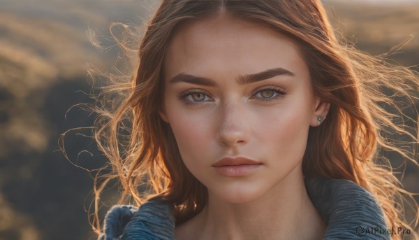 1girl,solo,long hair,looking at viewer,brown hair,brown eyes,jewelry,closed mouth,earrings,blurry,lips,eyelashes,depth of field,blurry background,piercing,thick eyebrows,portrait,close-up,forehead,freckles,realistic,nose,stud earrings,floating hair,wind