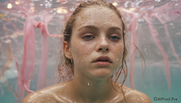 1girl,solo,long hair,looking at viewer,blue eyes,blonde hair,brown hair,nude,parted lips,water,blurry,lips,wet,blurry background,portrait,underwater,realistic,wet hair,bare shoulders,collarbone,freckles