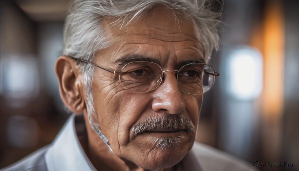 solo,looking at viewer,shirt,1boy,closed mouth,white shirt,white hair,grey hair,male focus,glasses,collared shirt,indoors,blurry,black eyes,depth of field,blurry background,facial hair,portrait,beard,realistic,round eyewear,mustache,manly,old,old man,wrinkled skin,lips,scar,looking away,wing collar,close-up,nose,rimless eyewear