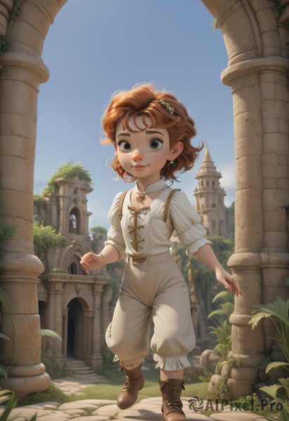 1girl,solo,looking at viewer,smile,short hair,brown hair,shirt,hair ornament,long sleeves,jewelry,closed mouth,green eyes,standing,full body,white shirt,boots,outdoors,sky,day,puffy sleeves,belt,pants,medium hair,necklace,flat chest,blue sky,brown footwear,grass,plant,building,child,freckles,walking,curly hair,white pants,female child,pillar,church,column,body freckles,red hair,orange hair,lips