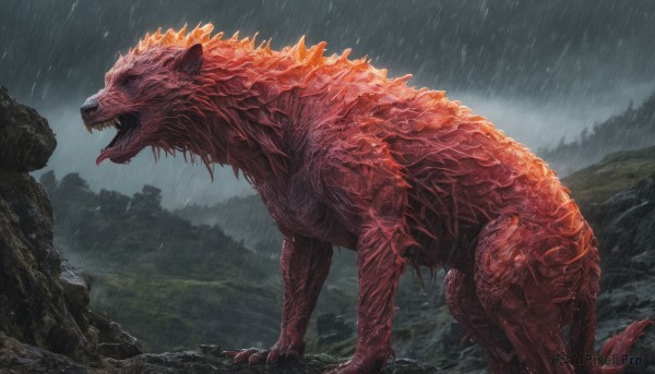 solo, open mouth, tail, outdoors, teeth, tongue, no humans, sharp teeth, claws, rain, monster, kaijuu