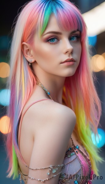 1girl,solo,long hair,breasts,looking at viewer,bangs,blue eyes,bare shoulders,jewelry,medium breasts,closed mouth,blue hair,upper body,pink hair,multicolored hair,earrings,artist name,necklace,blurry,from side,two-tone hair,aqua eyes,lips,eyelashes,gradient hair,makeup,depth of field,blurry background,piercing,gem,armlet,realistic,nose,bokeh,rainbow hair,blonde hair,underwear,parted lips,green hair,bra,streaked hair,watermark,web address,eyeshadow,eyeliner,mascara